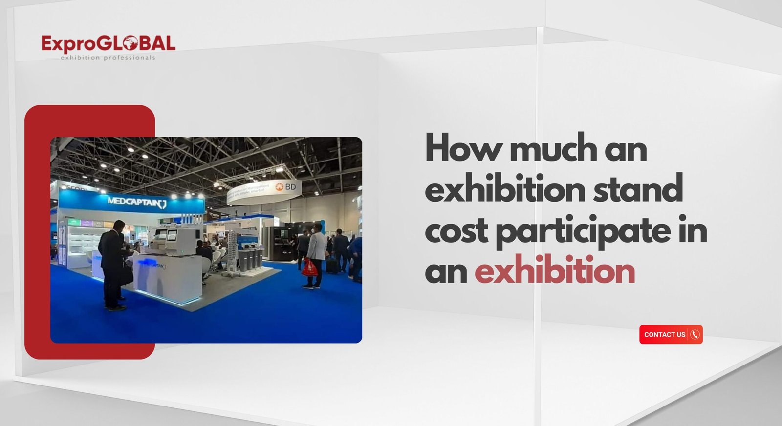 An informative graphic displaying various types of exhibition stands and their associated costs for participation in an exhibition. The image includes visuals of different stand designs such as modular, custom-built, and pop-up stands, with price ranges indicated alongside each type.