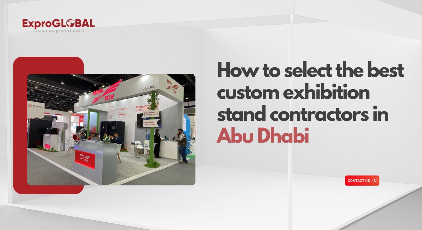 An informative graphic illustrating key factors to consider when selecting custom exhibition stand contractors in Abu Dhabi. The image includes icons representing quality, experience, design creativity, budget considerations, and customer reviews, along with a background of a vibrant exhibition setting.