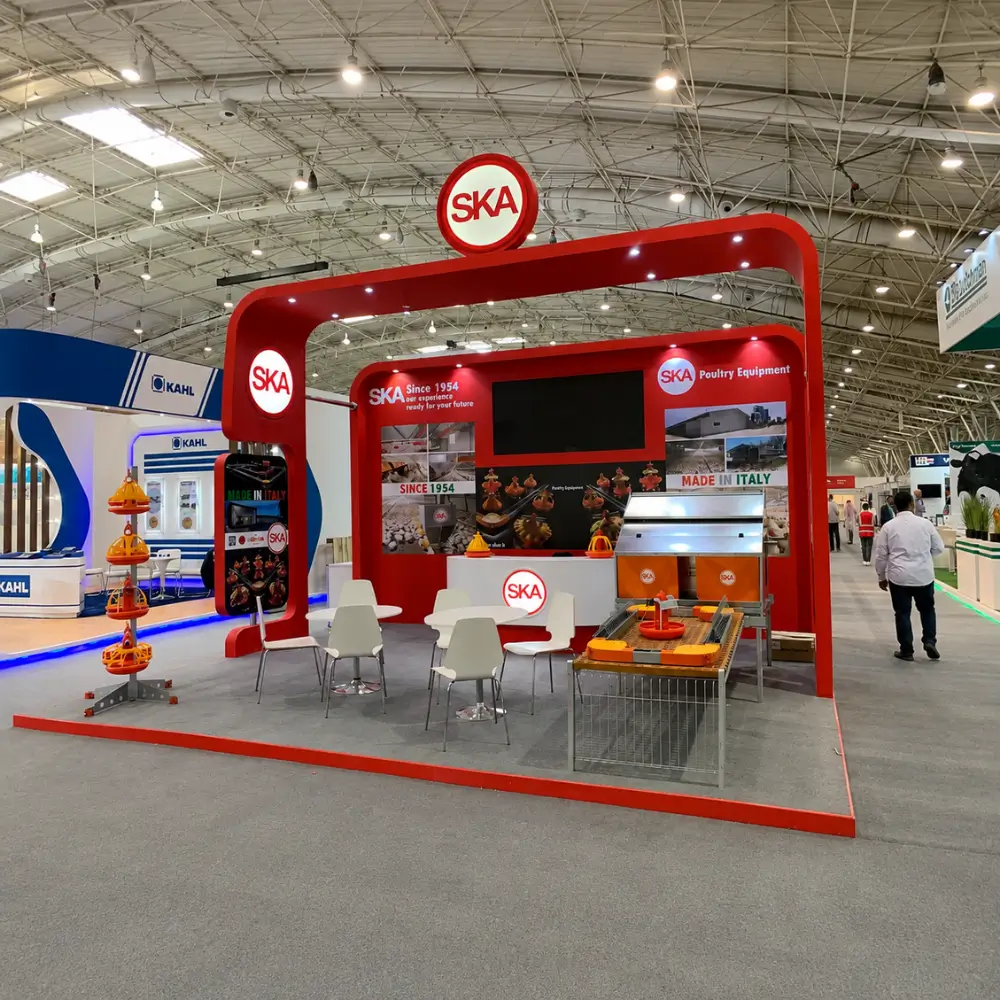 3D exhibition stand concept showing layout, branding and visitor flow