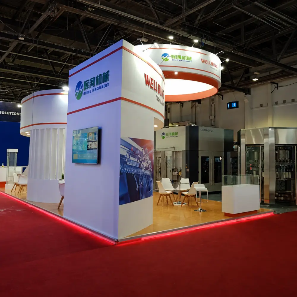 Exhibition stand installation team assembling a booth at the trade show venue