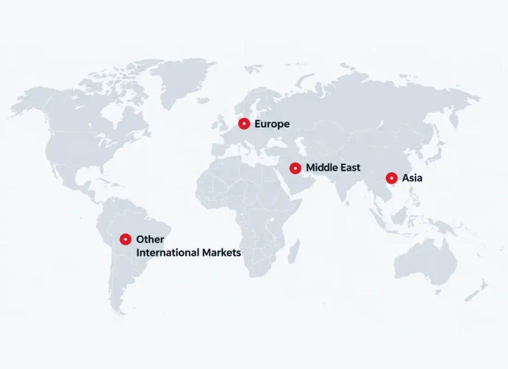 Map of ExproStands exhibition markets across the Middle East, Europe and Asia